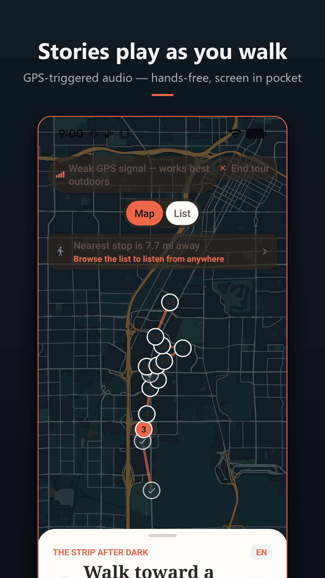 Roamaloud map playback screenshot showing a route and nearby Las Vegas stops