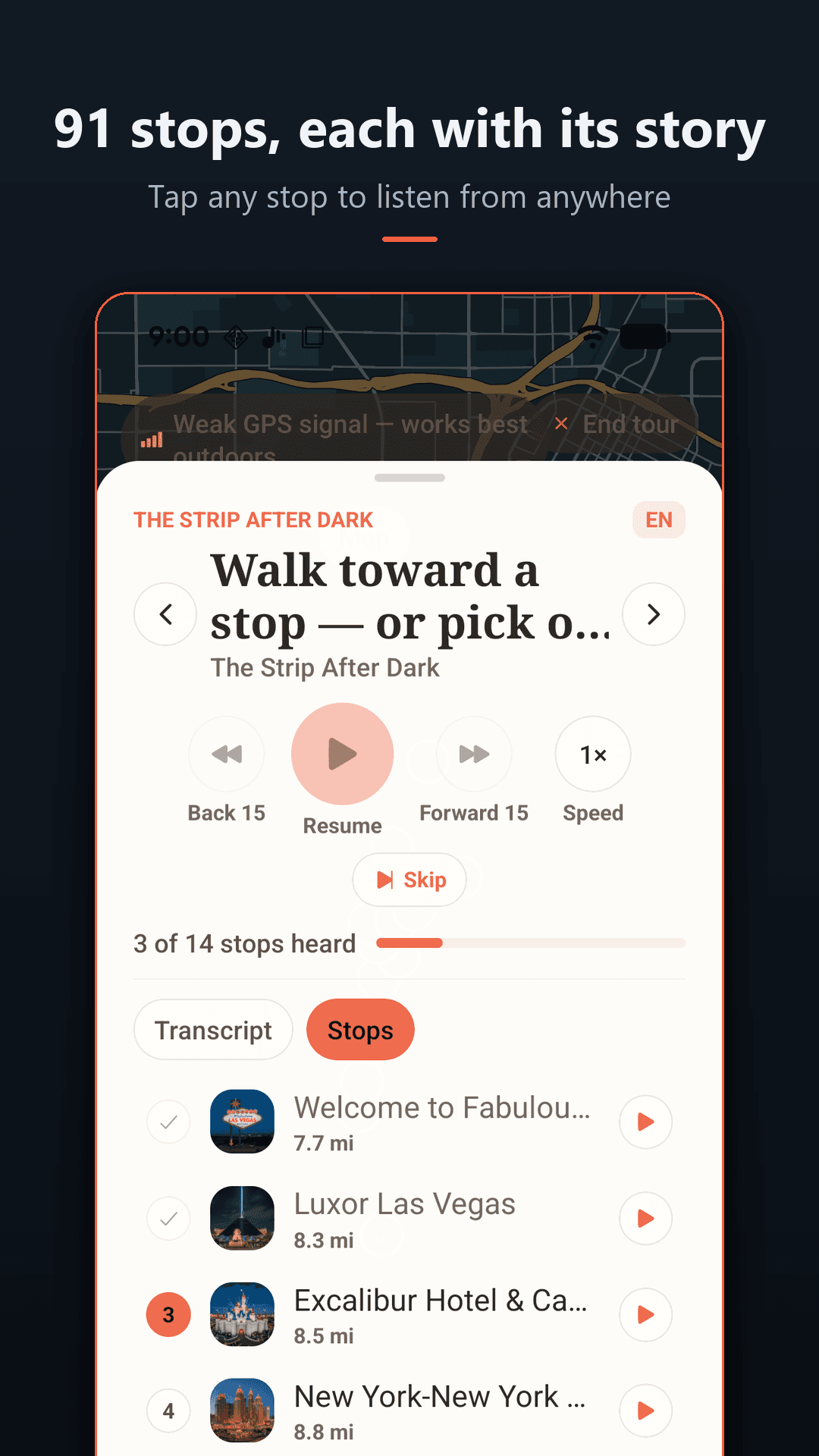 Roamaloud stop list for The Strip After Dark tour with photo thumbnails, distances, and play buttons for each Las Vegas stop