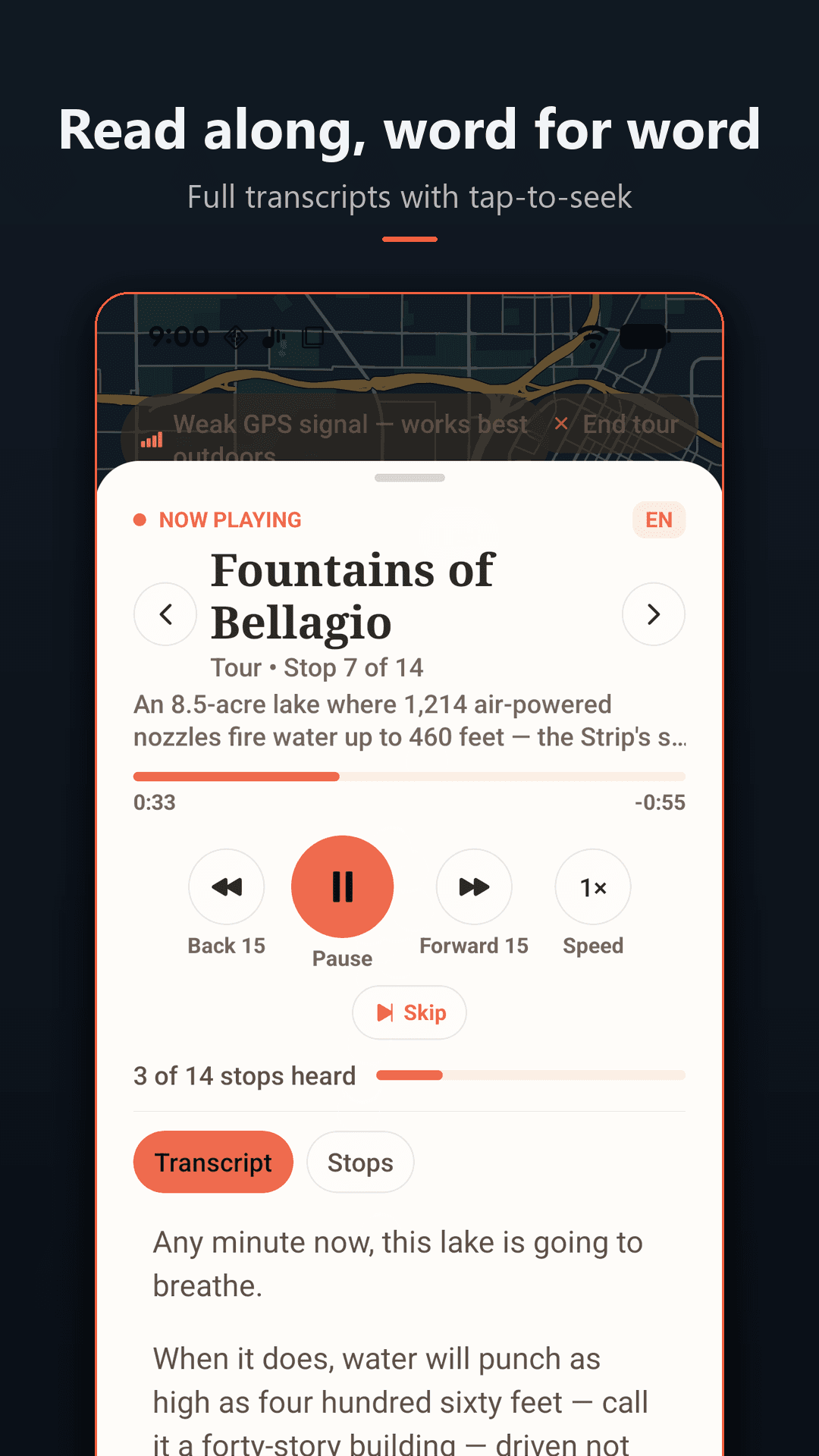 Roamaloud player on Fountains of Bellagio with playback controls and a word-for-word transcript, English narration selected
